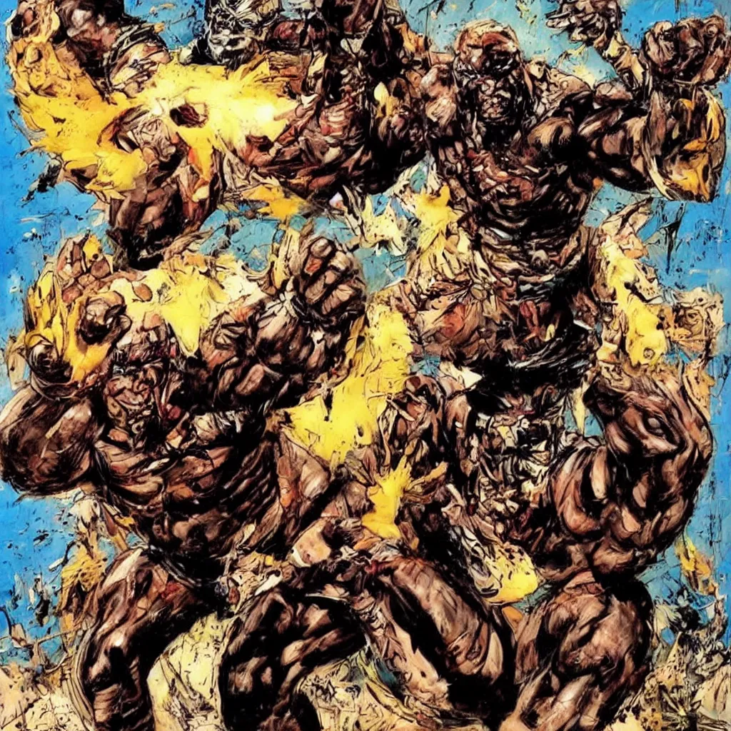 Prompt: art style simon bisley, big african superhero raising fist