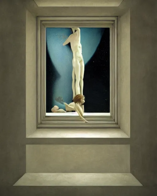 Image similar to gemini, in the void, by the mirror, station, alex colville, otto mueller, stephen conroy, sandro botticelli, andrew newell wyeth, daniel maidman yussi picho octane rendering