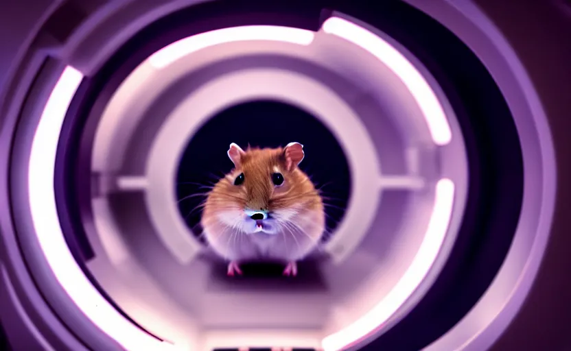 Image similar to hamster, inside a spaceship, movie still, star wars, cinematic, sharp focus, cinematic lighting, 8 k