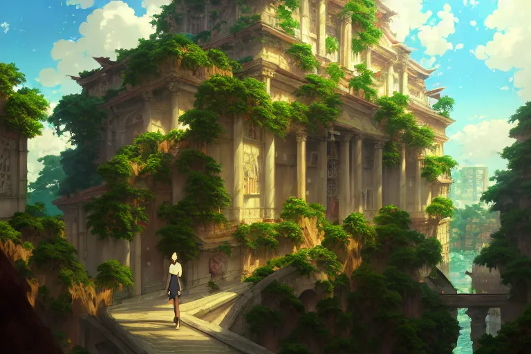 Image similar to baroque oil painting of anime key visual environment concept art of anime hanging gardens of babylon, brutalist, dark fantasy, rule of thirds, digital cel shading, fake hidden detail, trending on pixiv fanbox, acrylic palette knife and brush, style of makoto shinkai studio ghibli genshin impact jamie wyeth james gilleard greg rutkowski