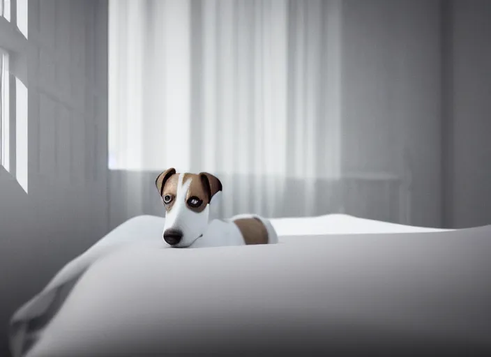 Image similar to photography of a Jack Russel watching outside the window on a bed in a 3d rendered white room, octane render, 3d, foggy, volumetric light, volumetric fog, photorealistic, unreal engine 5, award winning photo, 100mm, sharp, cloth, high res