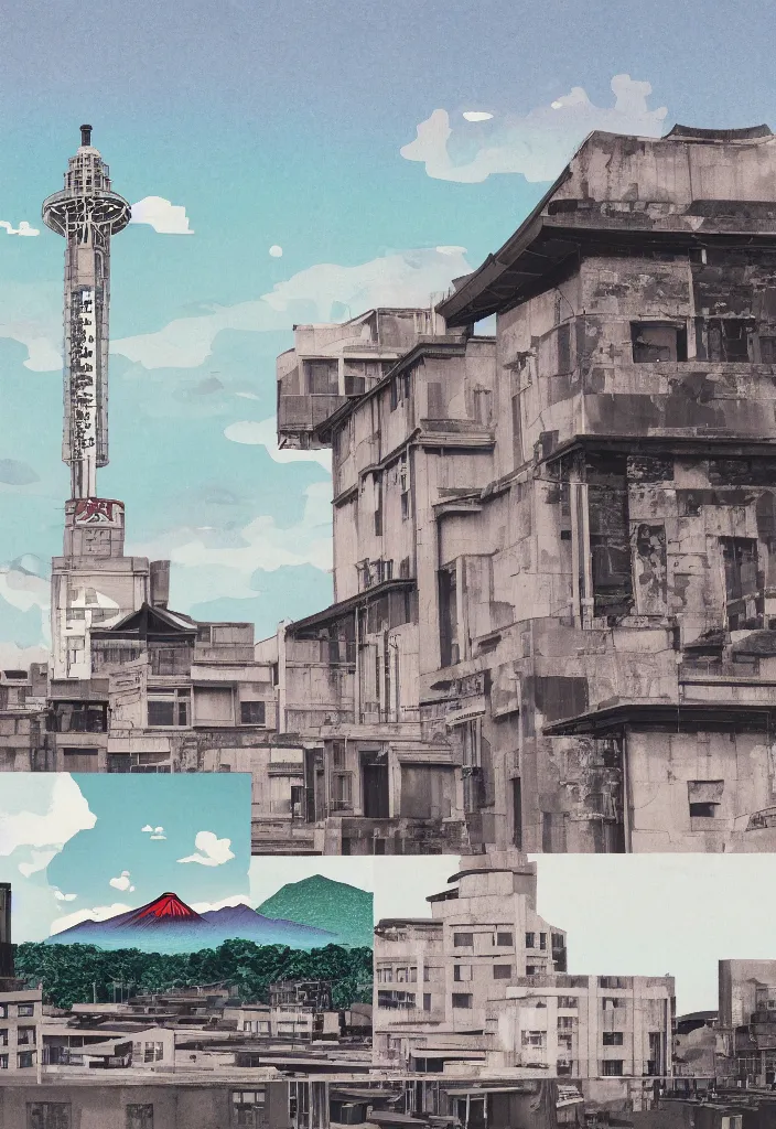 Image similar to sightseeing in hiroshima japan, picturesque view of the atomic bomb dome, a photo collage detailed painting, in the style of wes anderson, lola dupre, david hockney, isolated on negative white space background, volumetric octane render