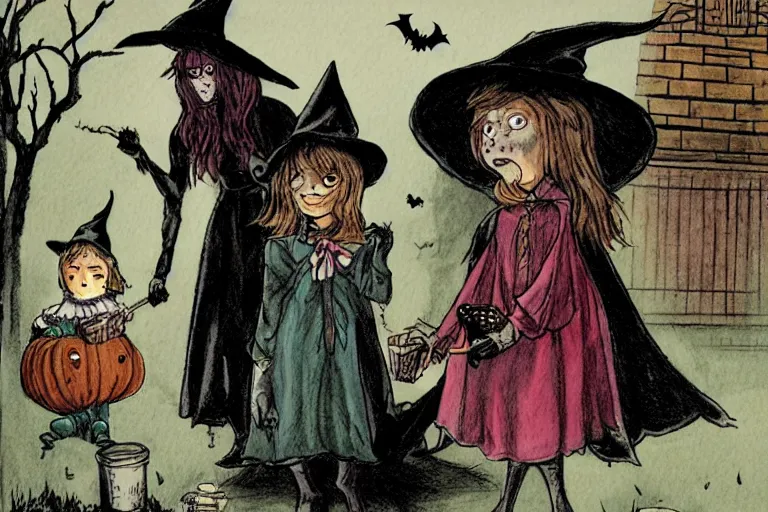 Image similar to a witch handing out candy, trick or treaters halloween night, colored pencil ink wash by scott wills and ashley wood