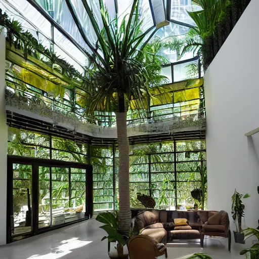 Prompt: The atrium of a contemporary building filled with tropical plants, dramatic light, 4k