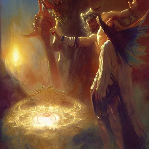 Image similar to attractive male deity casts dark spell, summoning handsome lucifer morningstar. highly detailed painting by gaston bussiere, craig mullins, j. c. leyendecker 8 k