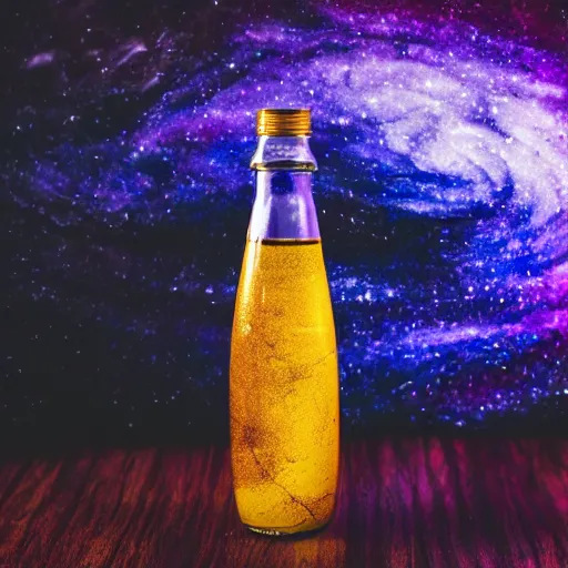 Prompt: professional studio photograph of a swirling galaxy contained within a bottle