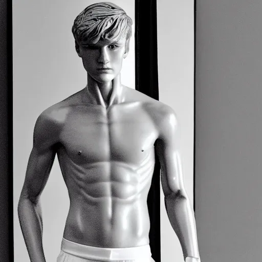 Image similar to a realistic detailed photo of a guy who is an attractive humanoid who is half robot and half humanoid, who is a male android, soccer player martin ødegaard, shiny skin, posing like a statue, blank stare, in a living room, on display, showing off his muscles