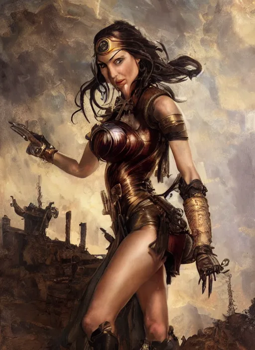 Image similar to oil painting highly detailed steampunk gal gadot action pose : leonardo da vinci, greg rutkowski, magali villeneuve