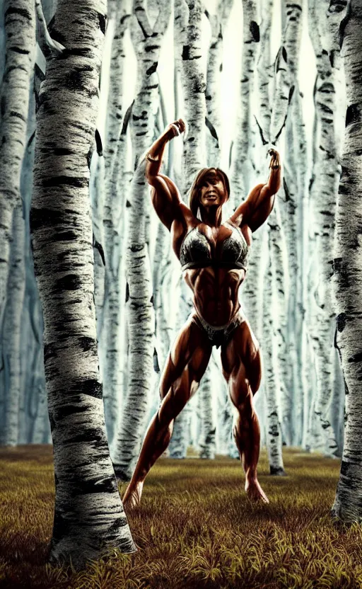 Image similar to photo of several female bodybuilders posing in a birch forest, beautiful detailed face, ultra realistic, concept art, intricate details, serious, highly detailed, photorealistic, octane render, 8 k, unreal engine, art by todd mcfarlane