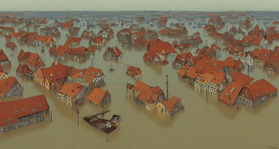 Prompt: painting of a small german town being flooded in the style of studio ghibli, Zdzisław Beksiński