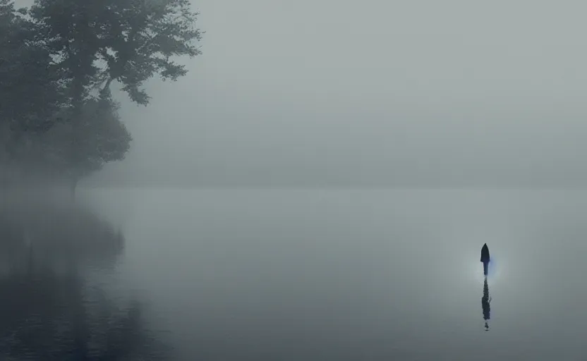 Prompt: low angle skimming the surface of a strange lake directed by charlie kaufman ( 2 0 0 1 ) foggy volumetric light morning extremely moody cinematography scene, cinematic trending on artstation in the style of greg rutkowski