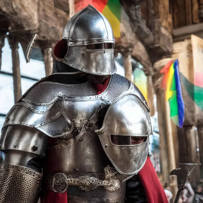 Prompt: High quality photograph from a middle aged Latin man with short hair, with facial hear, wear a medieval knight armor with open helmet, stands inside a queer pride rainbow bar UHD 8K