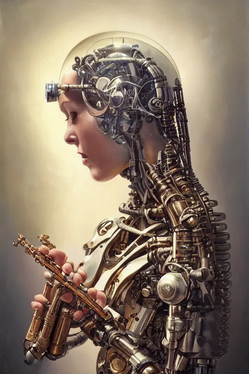 Image similar to a beautiful ultradetailed vintage photo of cyborg playing an oboe, by tom bagshaw and anna dittman, couples portrait, vignette, 3 5 mm lens, golden ratio composition, detailed faces, studio photography, very detailed, humanoids, industrial robots, artstation, 8 k, highly coherent