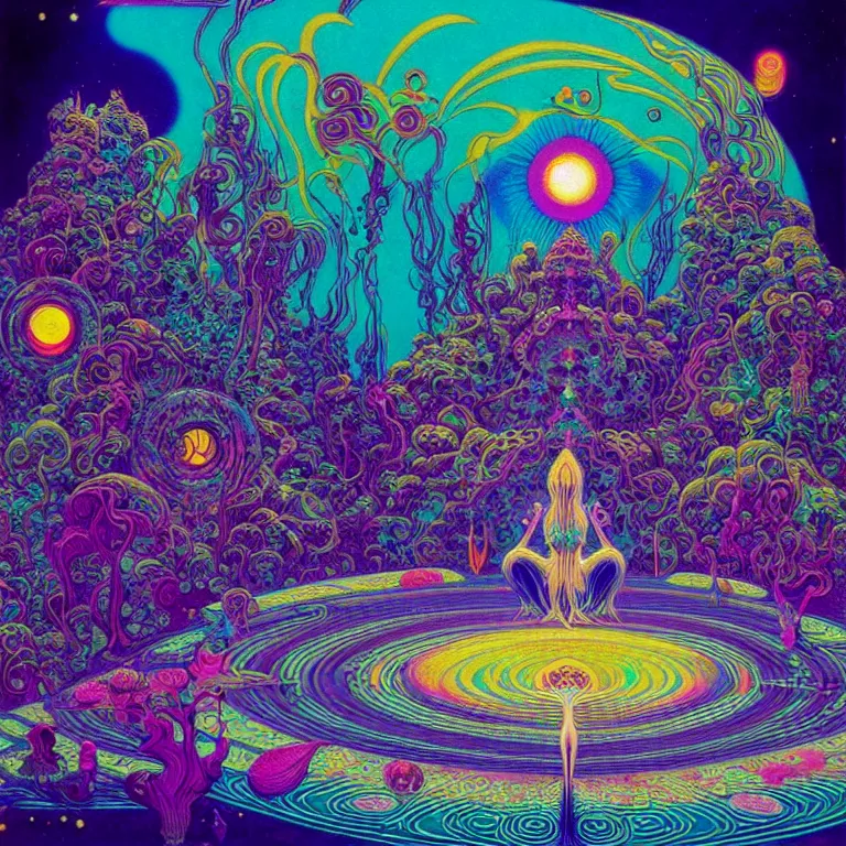 Image similar to cosmic third eye, magical crystal temple, psychedelic waves radiating, infinity, bright neon colors, highly detailed, cinematic, hiroo isono, eyvind earle, philippe druillet, roger dean, lisa frank, aubrey beardsley, ernst haeckel