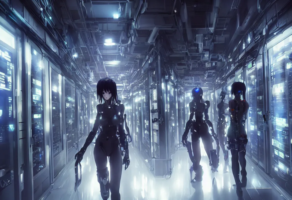 Image similar to shot of film by cyberpunk syle cyborg walking in server room in datacenter, character design, very detailed cinematic, anime, by yoichi hatakenaka, by masamune shirow, by josan gonzales, digital art, octane render 8 k, beautiful composition, trending on artstation, award - winning photograph, masterpiece