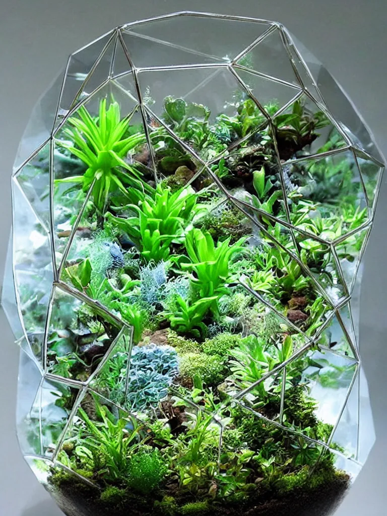 Image similar to terrarium with plants from a different planet. holographic, beautiful, ethereal