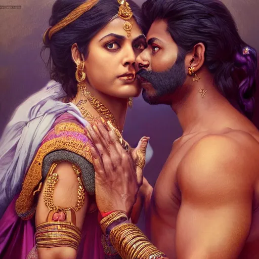 Image similar to portrait painting of dark muscular indian royal couple kissing, ultra realistic, concept art, intricate details, eerie, highly detailed, photorealistic, octane render, 8 k, unreal engine. art by artgerm and greg rutkowski and alphonse mucha