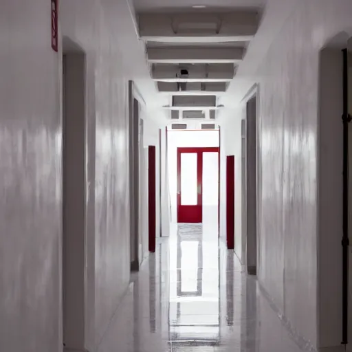 Image similar to an all white hotel hallways with a red door at the end, liminal space,