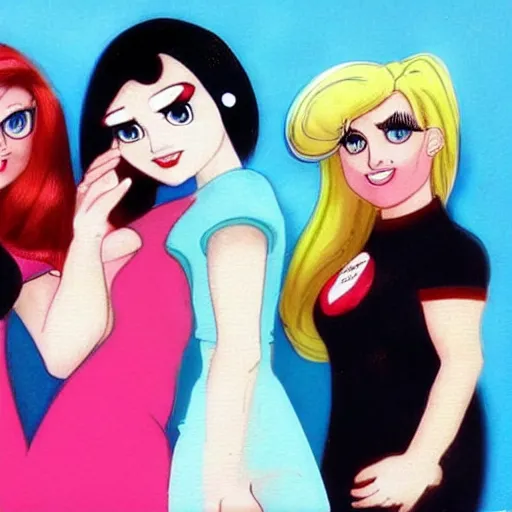 Prompt: a photorealistic shot of the powerpuff girls all grown up as real women, looking at the camera