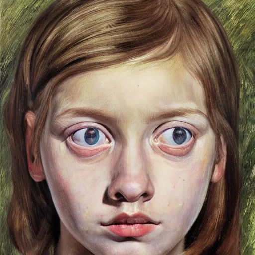 Image similar to high quality high detail painting by lucian freud, hd, beautiful young girl portrait, big eyes, alizarin crimson and white, photorealistic lighting
