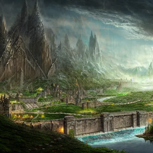 Prompt: elven city with a river running through the center, large wall surrounding, digital art, trending on artstation, lord of the rings