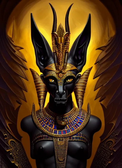 Prompt: angry god anubis, snarling jackal with egyptian pharaoh headdress and nemes, ornate art nouveau detail, black and gold palette, fantasy, intricate, elegant, highly detailed, colorful, dark colors, dramatic shadow, digital painting, artstation, concept art, art by artgerm and greg rutkowski and ruan jia,