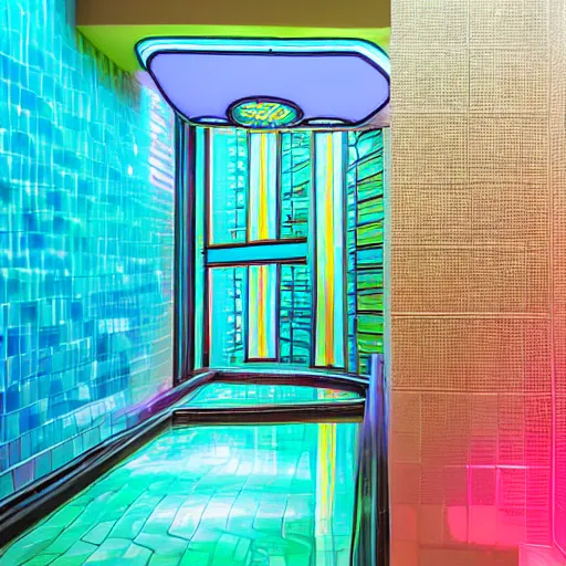 Image similar to dreampool rooms, neon ceramic tiles, spiraling stairs, blue sunlight coming through columns of neon tile