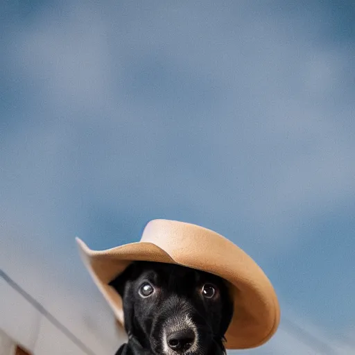 Prompt: a cute puppy wearing a cowboy hat, Canon EOS R3, f/1.4, ISO 200, 1/160s, 8K, RAW, unedited, symmetrical balance, in-frame