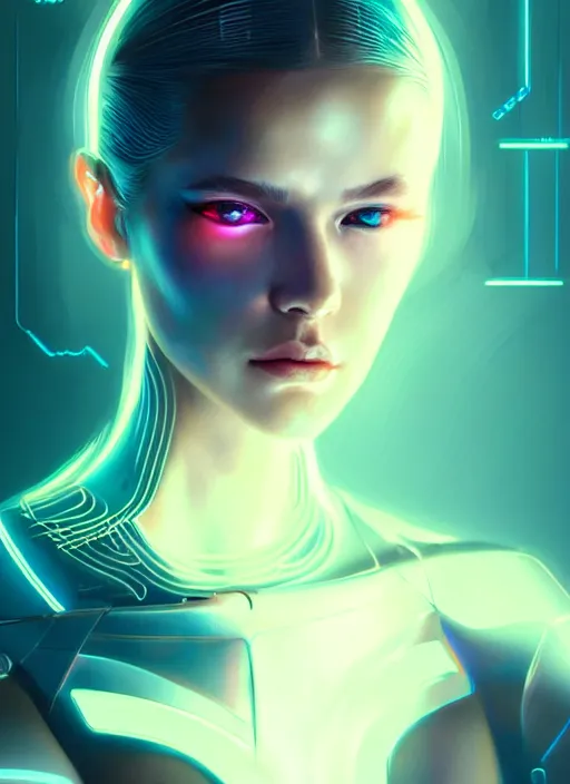 Image similar to portrait of futuristic female humanoid, intricate, elegant, cyber neon lights, highly detailed, digital photography, artstation, glamor pose, concept art, smooth, sharp focus, art by artgerm and greg rutkowski