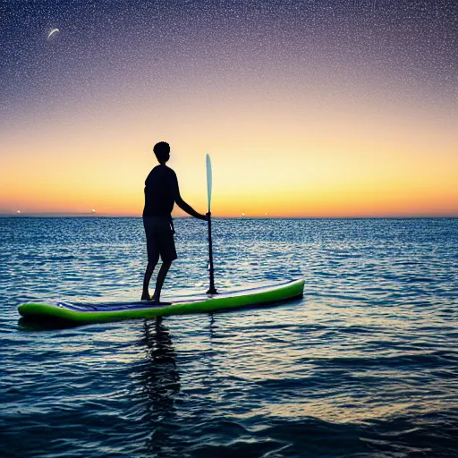 Prompt: slim pakistani male in a tshirt and shorts paddleboarding in the ocean off the edge of a flat earth, landscape, 4k, wide lens, starry night