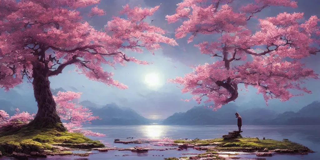 Image similar to a single sakura tree upon a lake, viewed from a distance, stephen bliss, unreal engine, illustration, fantasy art by greg rutkowski, loish, rhads, ferdinand knab, makoto shinkai and lois van baarle, ilya kuvshinov, rossdraws, tom bagshaw, global illumination, radiant light, detailed and intricate environment