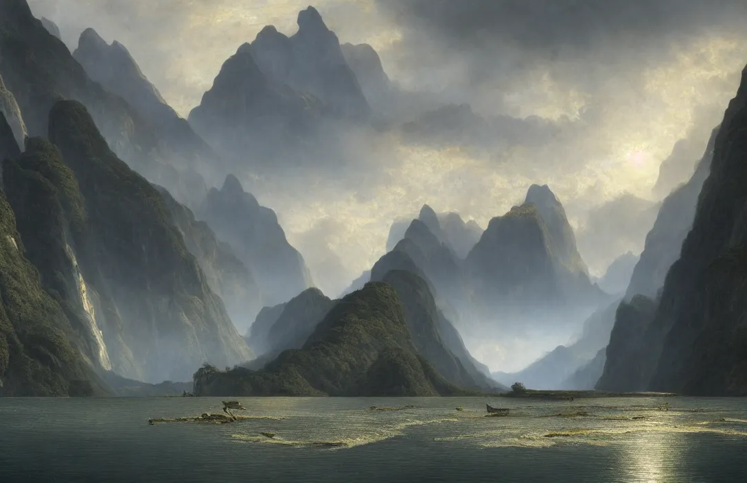 Prompt: , da vinci, paul chadeisson, massive building in phantastic milford sound landscape, hyperreal phantastic, intricate details in environment, meeting point, luminance, golden ratio, high aestehtic, cinematic light, dramatic light, godrays, distance, clear atmosphere, photobash, wideangle, bierstadt, hyperreal 4 k