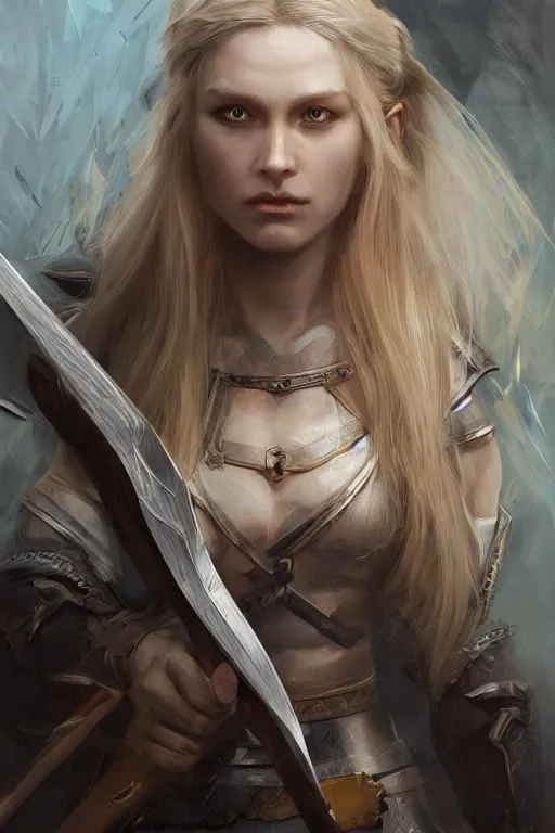 Prompt: ultra detailed powerful female viking, blond long hair, green eyes, axe, battle ready, sharp bone structure, extremely detailed digital painting, in the style of fenghua zhong and ruan jia and jeremy lipking and peter mohrbacher, mystical colors, rim light, beautiful lighting, 8 k, stunning scene, raytracing, octane, trending on artstation