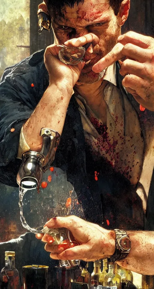 Image similar to close up of bloodied max payne pouring a drink, sun shining, photo realistic illustration by greg rutkowski, thomas kindkade, alphonse mucha, loish, norman rockwell.