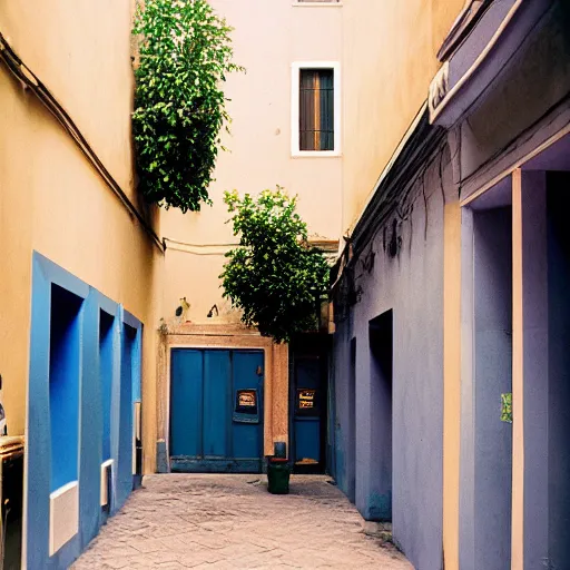 Image similar to kodak portra 8 0 0, flickr photograph view of a calm hallway street street with blue roses in downtown neo - venezia in a dreamy afternoon, a corner shop can be seen