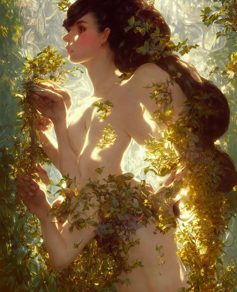 Image similar to hyper realistic photographer looking through a vintage medium format camera, magic pouring from lens, full body pose, design on white background, beautiful details, lush foliage cyberpunk, gold, drawn by john singer sargent, tom bagshaw, norman rockwell, alphonso mucha, lolish, trending on artstation