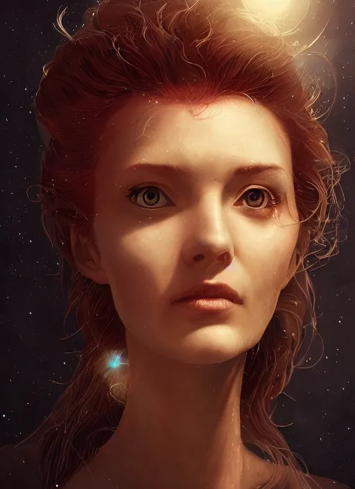 Prompt: woman [ who has hair that matches the cosmos ], portrait!!, illustrated by artgerm, greg rutkowski, peder balke, mary anning, and balthus, trending on cgsociety, cgsociety portrait, cgsociety contest winner, award winning, luminous lighting, 4 k details