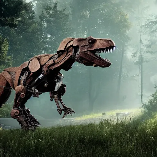 Image similar to t-rex robot, cryengine, unreal engine, 8k, hyperrealistic, as coherent as Dall-E 2