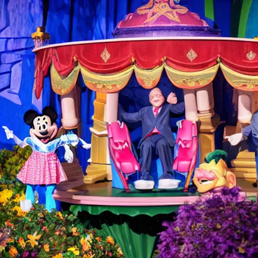 Prompt: three child puppets inside the its a small world ride at disneyland that look like greg abbott in a wheelchair and donald trump and ron desantis, highly detailed, high definition, ultra realistic