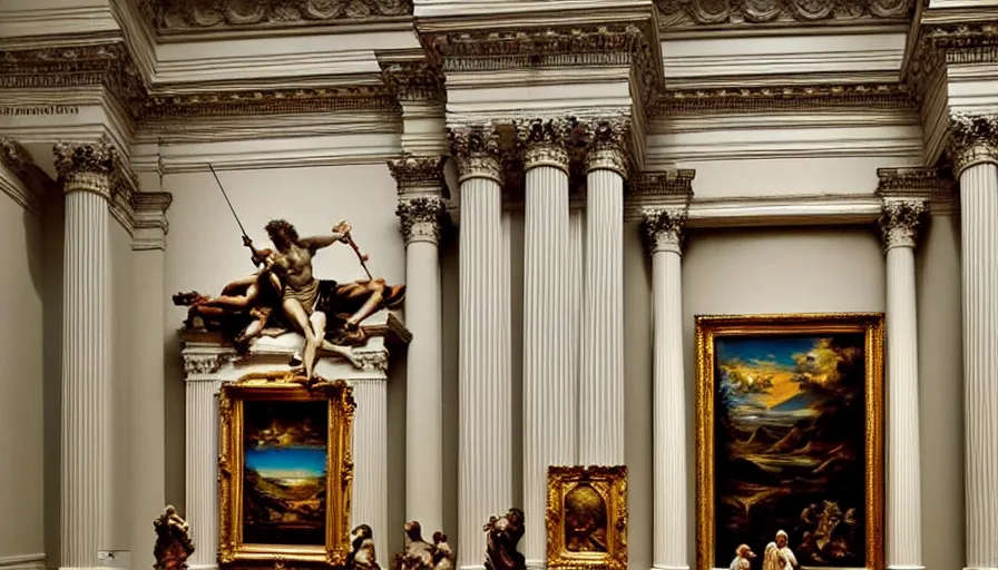 Image similar to museum of art, art gallery, fine art, realism, extreme detail, marble, stone, baroque paintings, sculptures, symmetrical composition