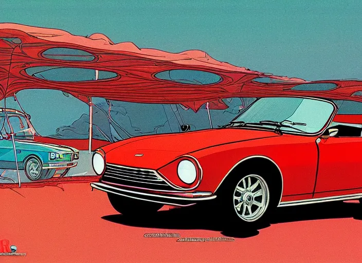 Image similar to highly detailed 1 9 6 9 red datsun fairlady roadster, retro minimalist art by jean giraud, moebius starwatcher comic, sharp, 8 k