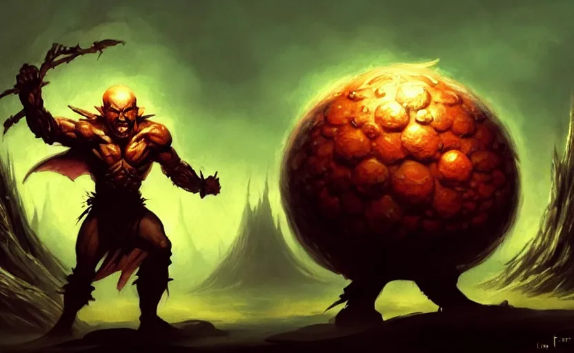 Prompt: magic : the gathering fantasy character concept art of a ball of rice with a menacing facial expression, by frank frazetta and marco bucci, high resolution. dark fantasy forest in the background, fantasy coloring, intricate, digital painting, artstation, smooth, sharp focus