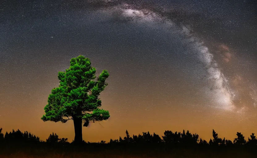 Image similar to night timelapse photography of many stars with a tree in foreground