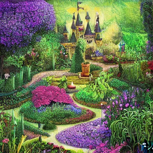 Prompt: a fairytale garden by pablo amaringo