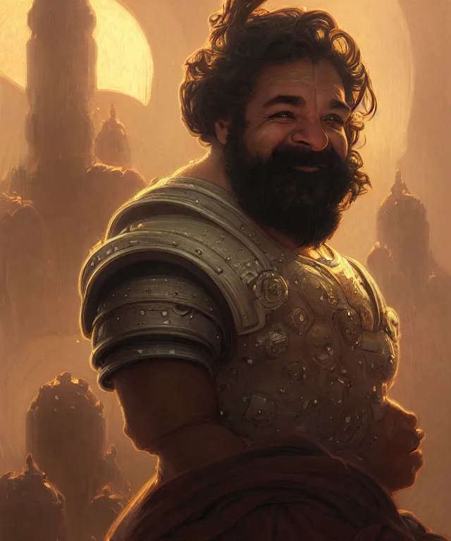 Prompt: Dwarven Man in spacecraft loading bay, portrait, face, smiling, dark hair, dark skin, sci-fi, intricate, elegant, highly detailed, digital painting, artstation, concept art, smooth, sharp focus, illustration, art by artgerm and greg rutkowski and alphonse mucha