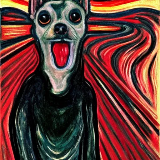 Image similar to a mouth-opened chihuahua in shock , in the Style of The Scream , painted by Edvard Munch