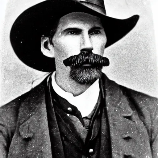 Image similar to A photograph portrait of Jerma985 as a cowboy with a pyramidal mustache in the late 1800s, taken in the late 1800s, 1870s, grainy, taken on a Field View Camera, realistic, hyperrealistic, very realistic, highly detailed, very detailed, extremely detailed, detailed, digital art, trending on artstation