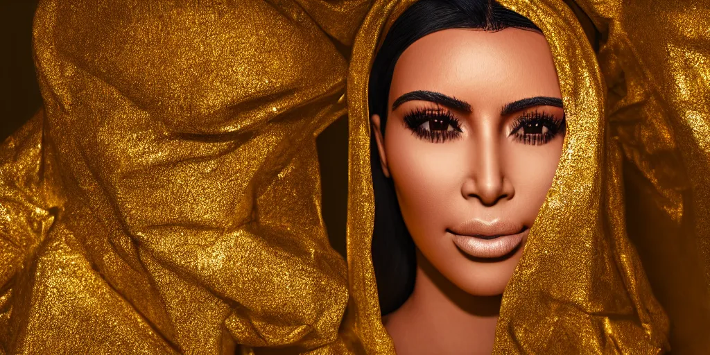 Prompt: macro portrait photograph of a glowing kim kardashian in a hood made of gold fabric at coachella, sparkling, ultra realistic, unreal 5 engine render, octane render, digital painting, smooth, elegant, pop art style, 8 k, 3 5 mm film grain,