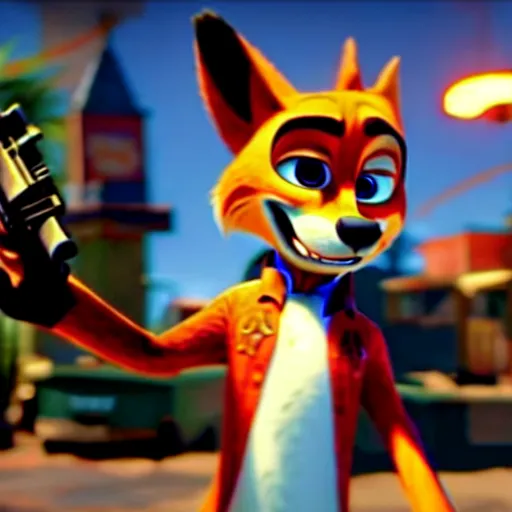 Prompt: nick wilde as max payne 3 set in zootopia