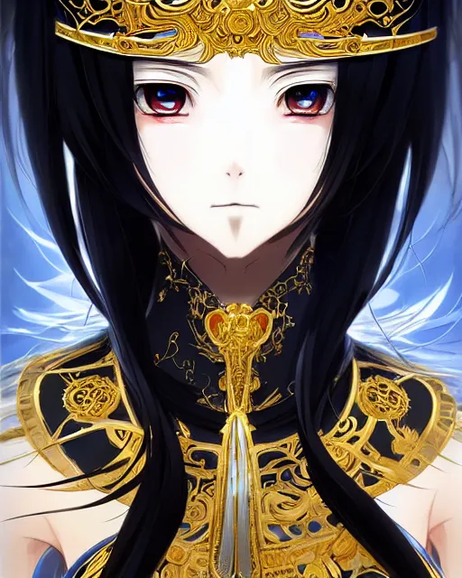 Prompt: beautiful anime portrait of a female fighter!! long black hair! silver eyes! fighting stance!!!! intricate ornate gold and black outfit!!! elegant, artbook, fine details by stanley artgerm lau, wlop, rossdraws, james jean, andrei riabovitchev, marc simonetti, and sakimichan, trending on artstation